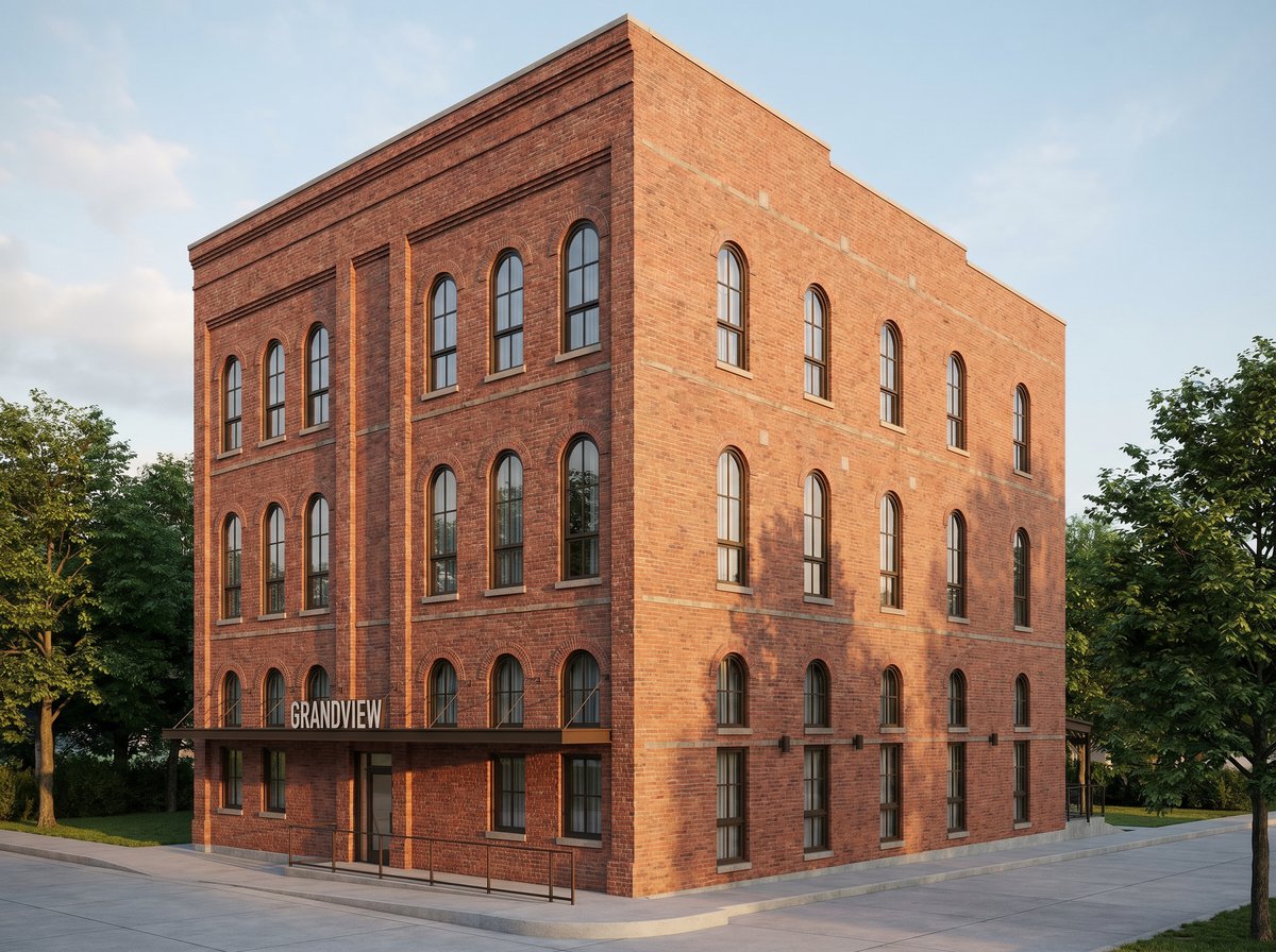 Architectural rendering of Grandview Apartments brick facade with arched windows