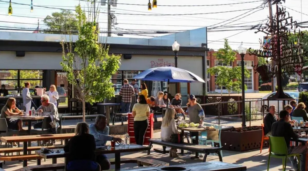 Outdoor patio at The Pump House restaurant in South Side Chattanooga